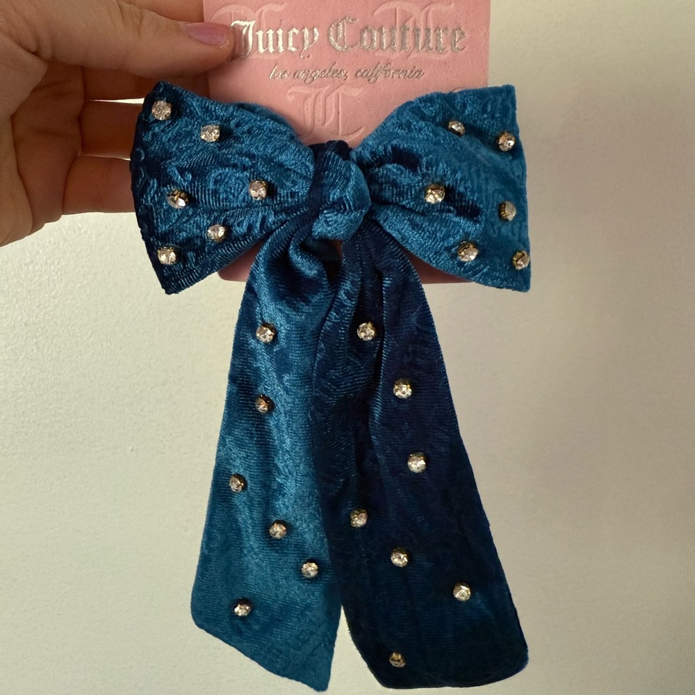 NWT Juicy Couture Teal Velvet Hair Bow with Rhinestones